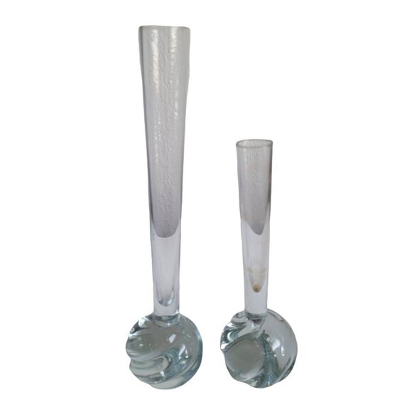 Pair of Mid Century Modern Clear Bud Vases Twisted Weighted Bottoms - Picture 1 of 8